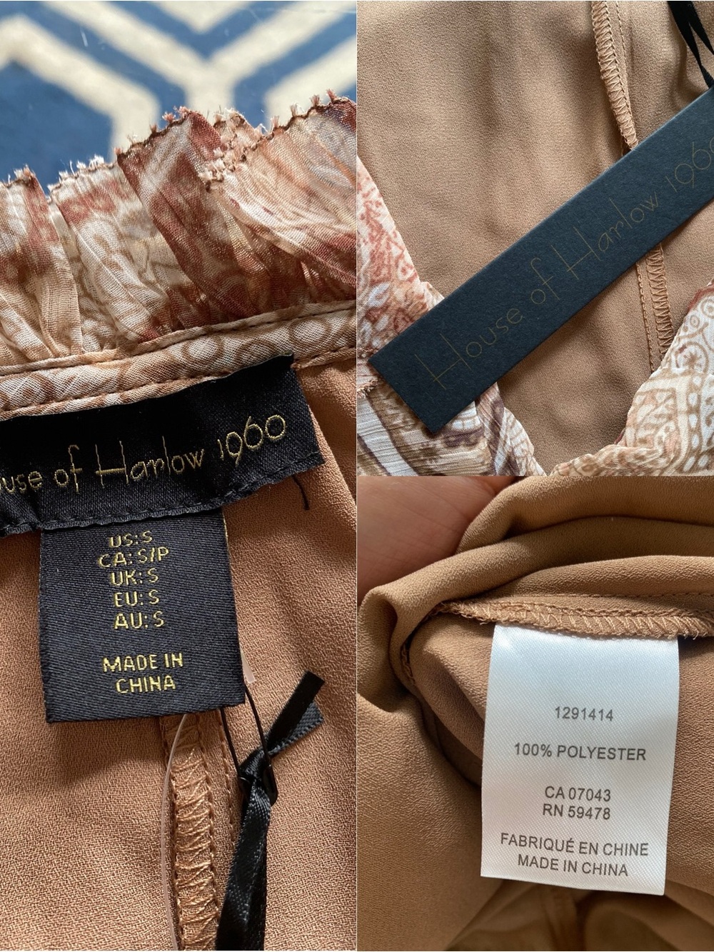 HOUSE OF HARLOW Brown & Cream Paisley Long Sleeve V-neck Mini Dress! (No belt) - Picture 14 of 16